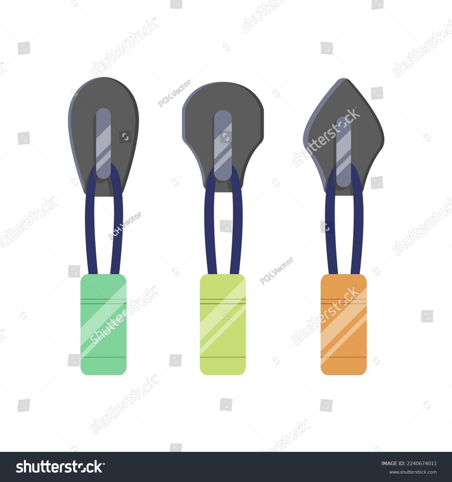 SVG of Modern black and colorful zip sliders for clothes cartoon illustration. Zipper pullers with tassels for sportswear or leather backpacks. Fashion, metal accessories concept svg