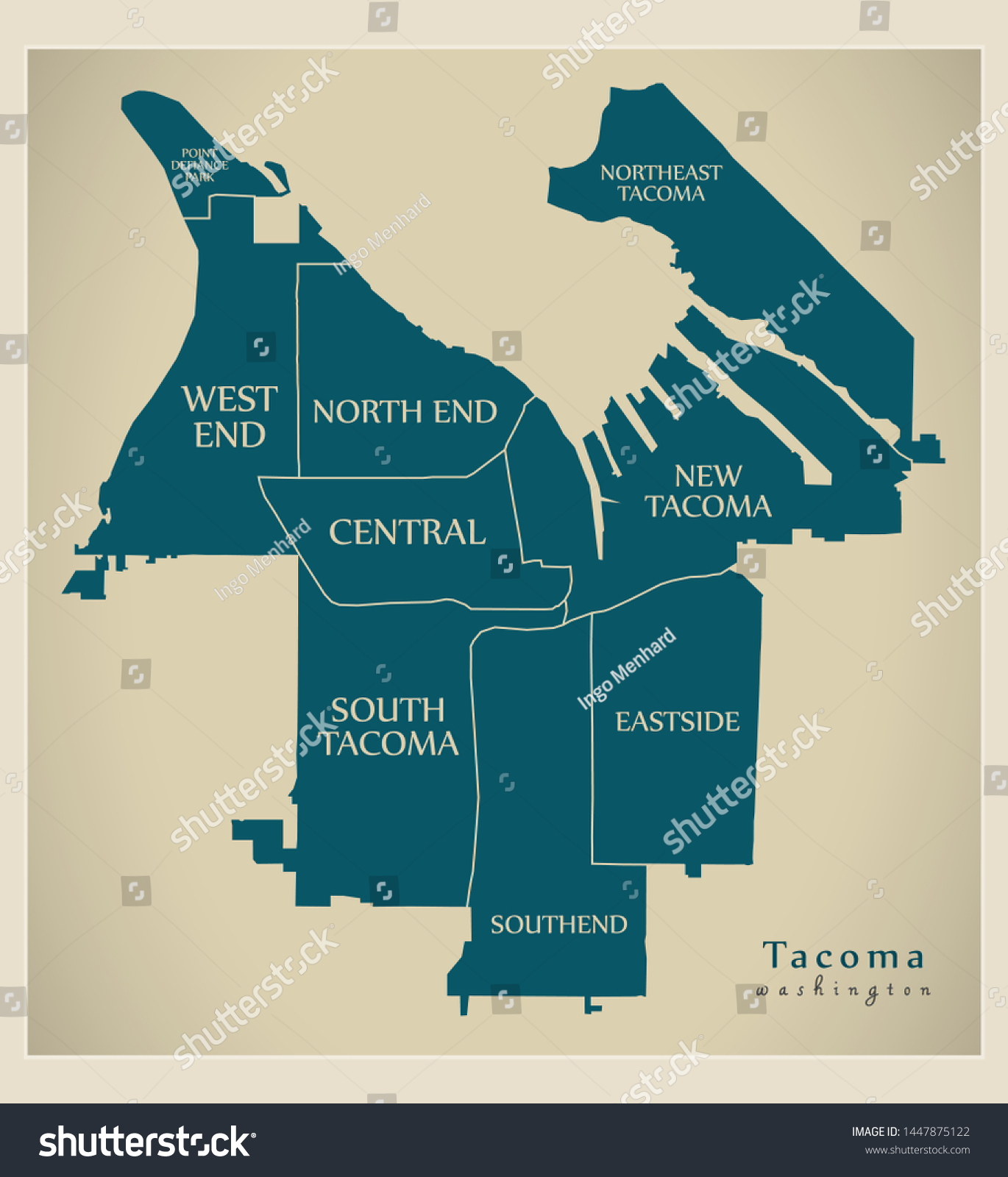 SVG of Modern City Map - Tacoma Washington city of the USA with neighborhoods and titles svg