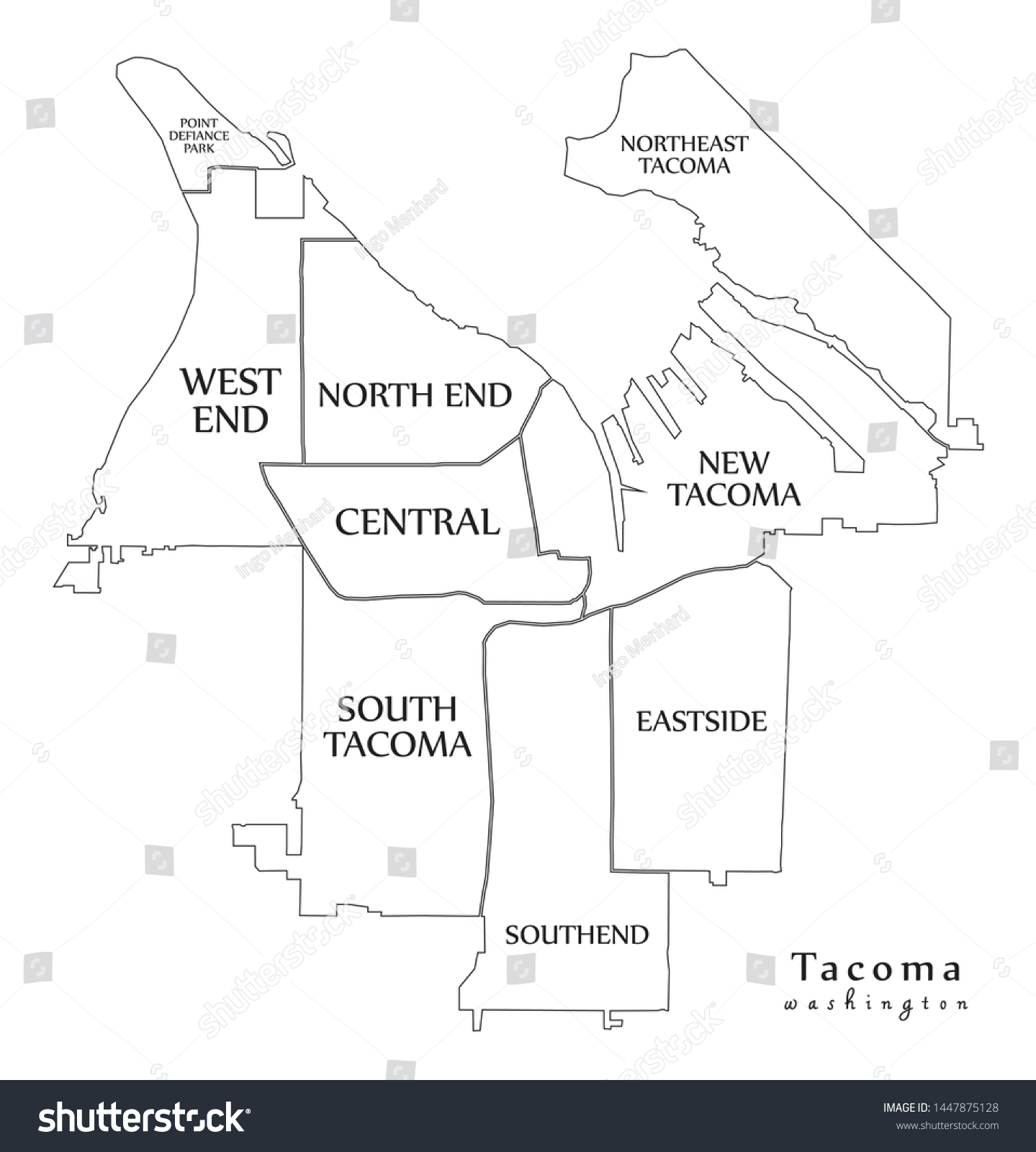 SVG of Modern City Map - Tacoma Washington city of the USA with neighborhoods and titles outline map svg