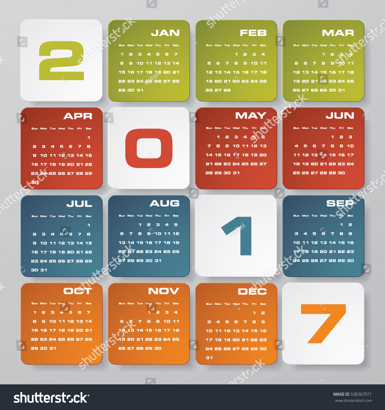 Modern Design Calendar 2017 Year Vector Design Template.12 Months From ...