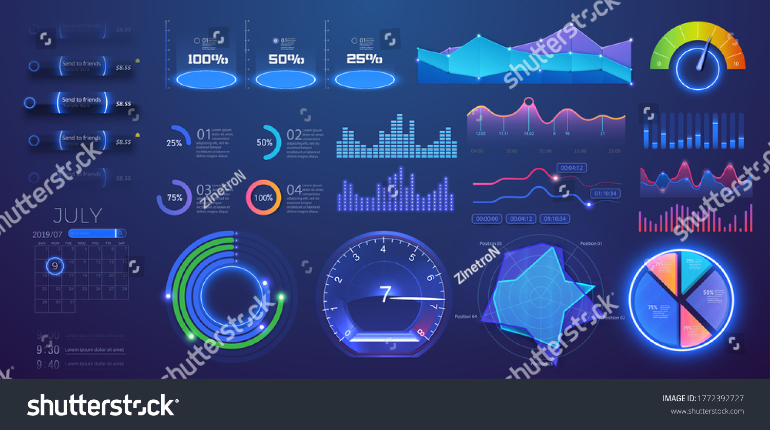 SVG of Modern futuristic neon infographic vector template with statistics graphs and finance charts. Information panel Mockup. UI, UX,KIT, HUD elements design. Vector infographics set. Admin svg