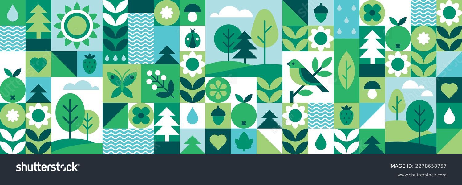SVG of Modern geometric background. Abstract nature: forest, trees, leaves, flowers, birds, butterflies, fruits and berries. Set of icons in flat minimalist style. Seamless pattern. Vector illustration.  svg