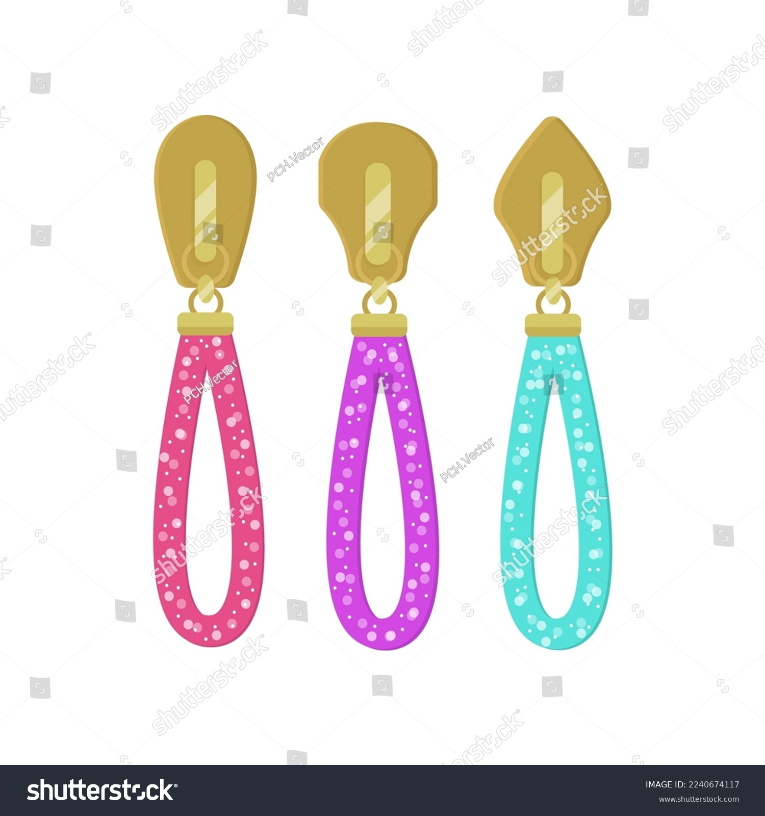 SVG of Modern golden and colorful zip sliders for clothes cartoon illustration. Golden zipper pullers with tassels for sportswear or leather backpacks. Fashion, metal accessories concept svg