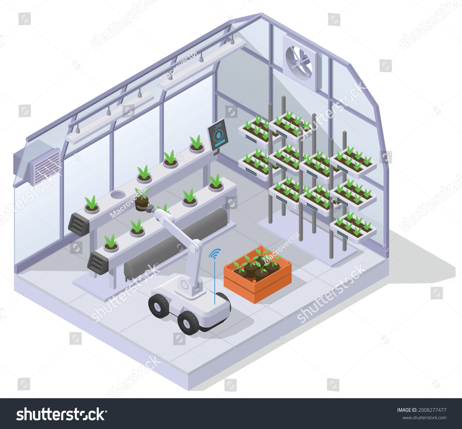 SVG of Modern greenhouse isometric composition inside mini greenhouse building climate control equipment and robots are in operation vector illustration svg