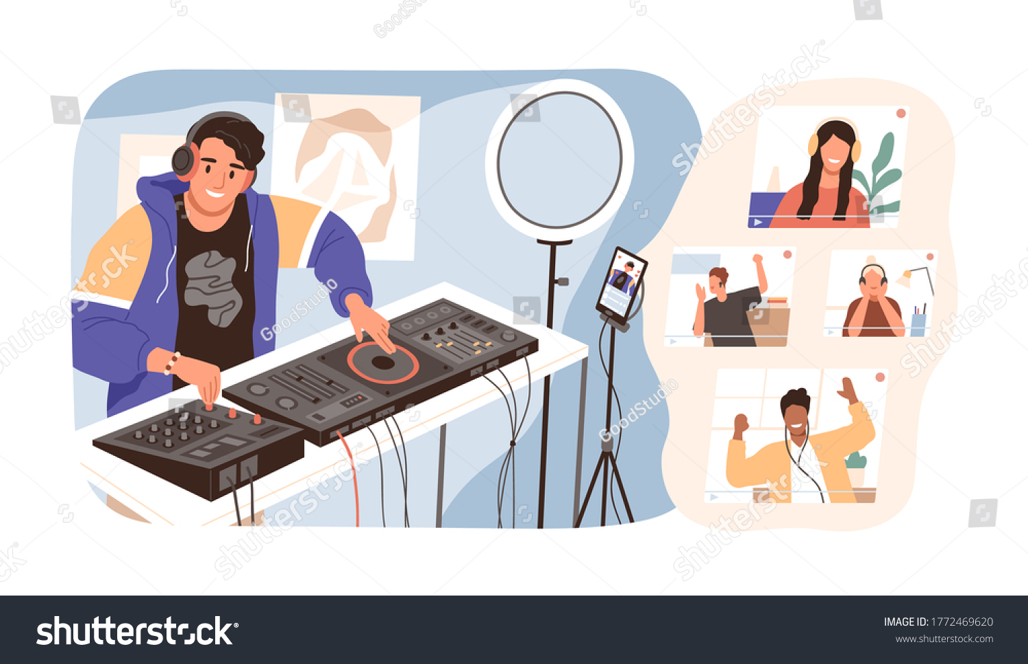SVG of Modern guy online dj mixing music at live stream vector illustration. Smiling man in headphones have virtual party with diverse people isolated. Joyful male create sound entertainment for audience svg