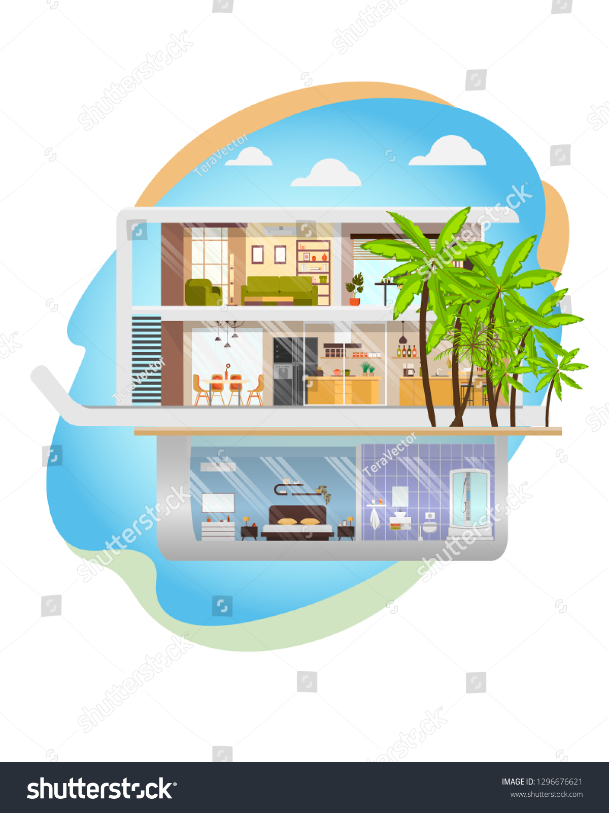 Modern House, Futuristic Three Storey Cottage Cross Section Flat Vector