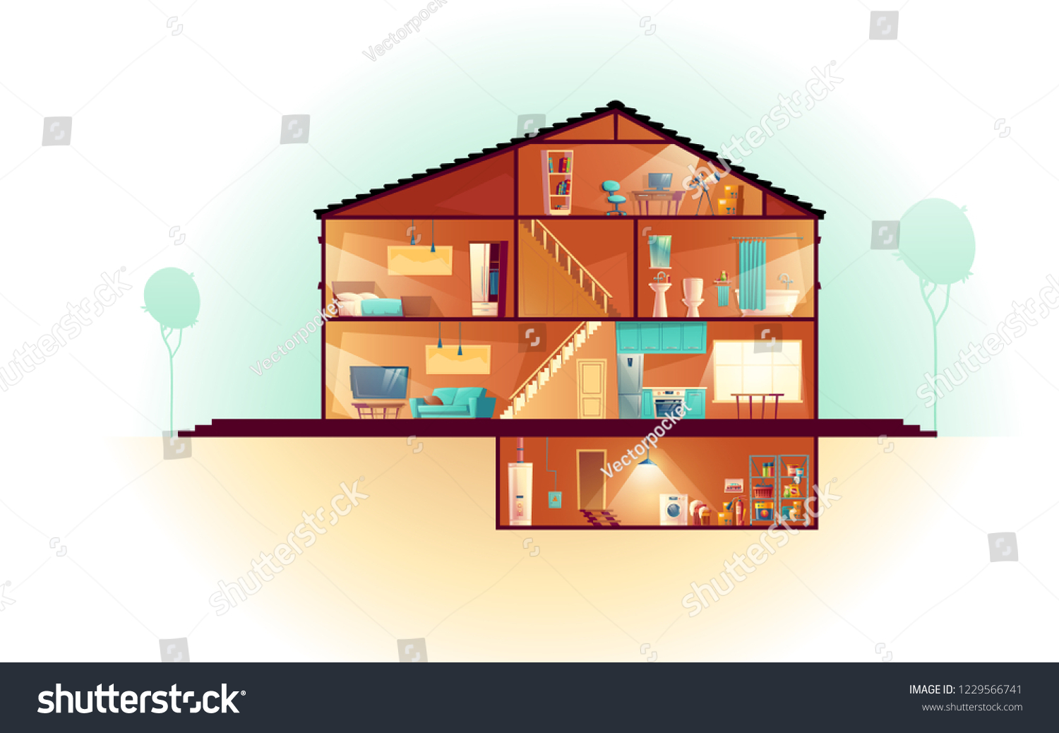 Modern House Threestorey Cottage Cross Section Stock Vector Royalty