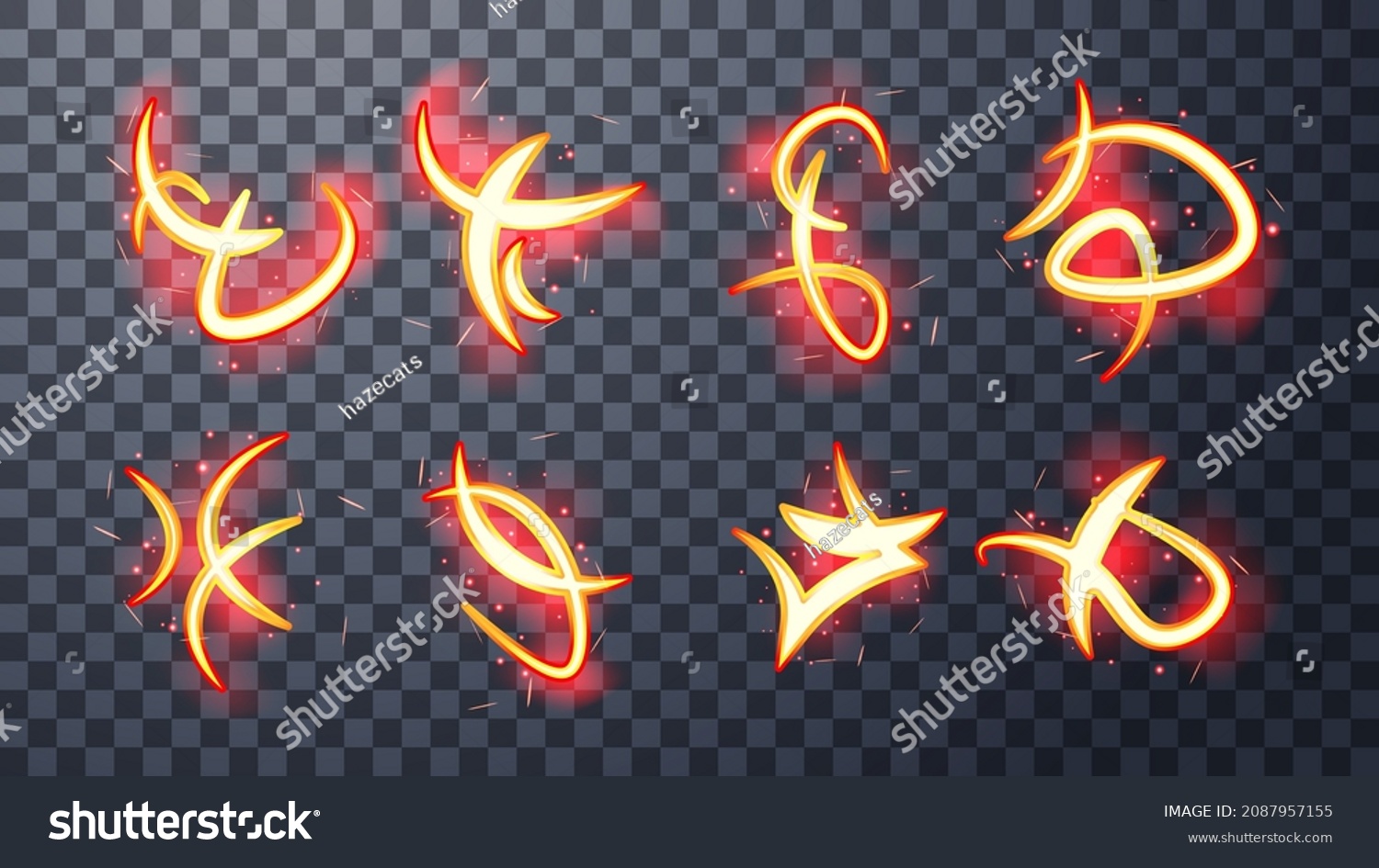 SVG of Modern magic witchcraft symbols. Ethereal fire runes with sparks and strange forms. Decor elements for magic doctor, shaman, medium. Luminous trail effect on transparent background. svg