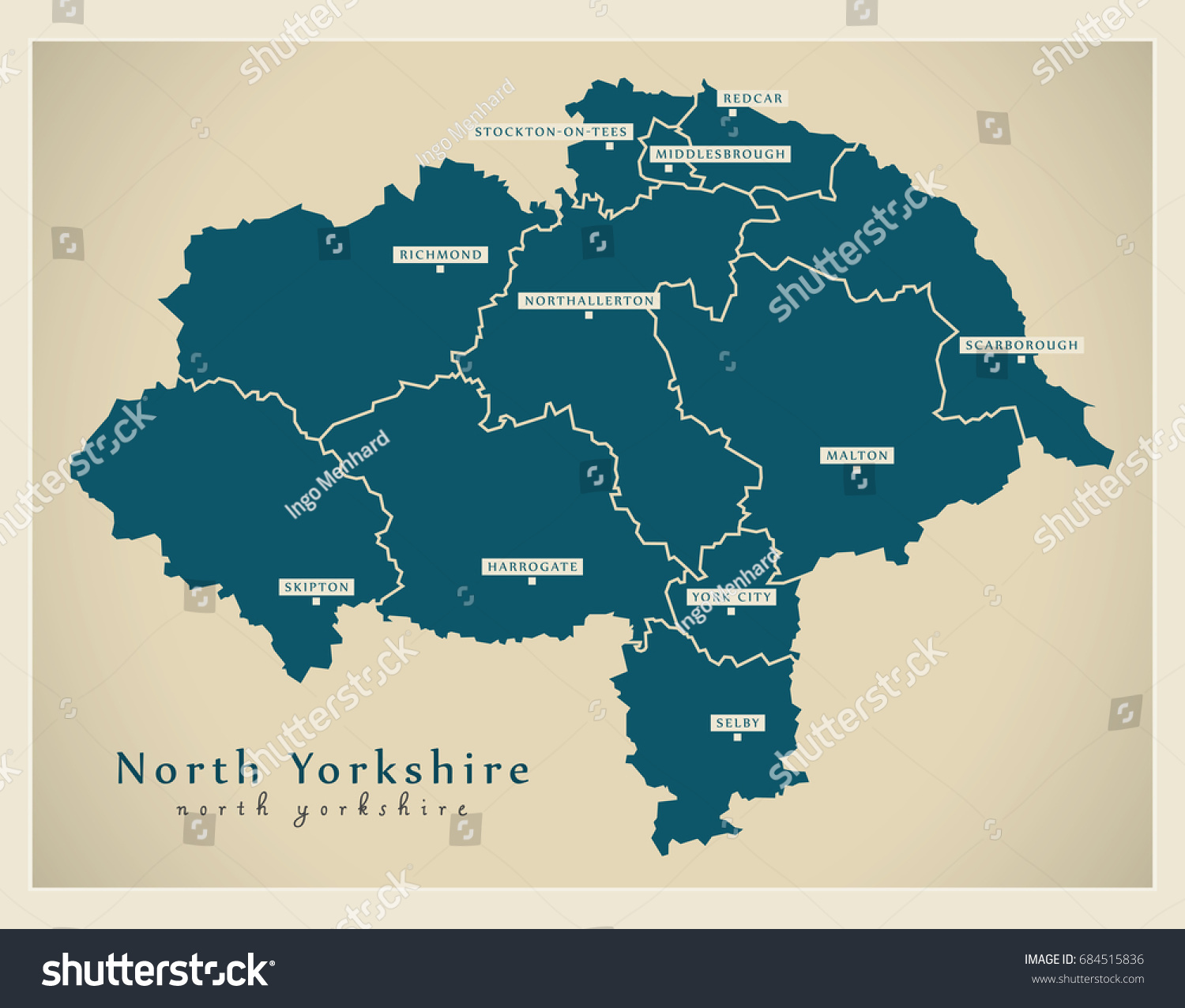 SVG of Modern Map - North Yorkshire county with cities and districts England UK illustration svg