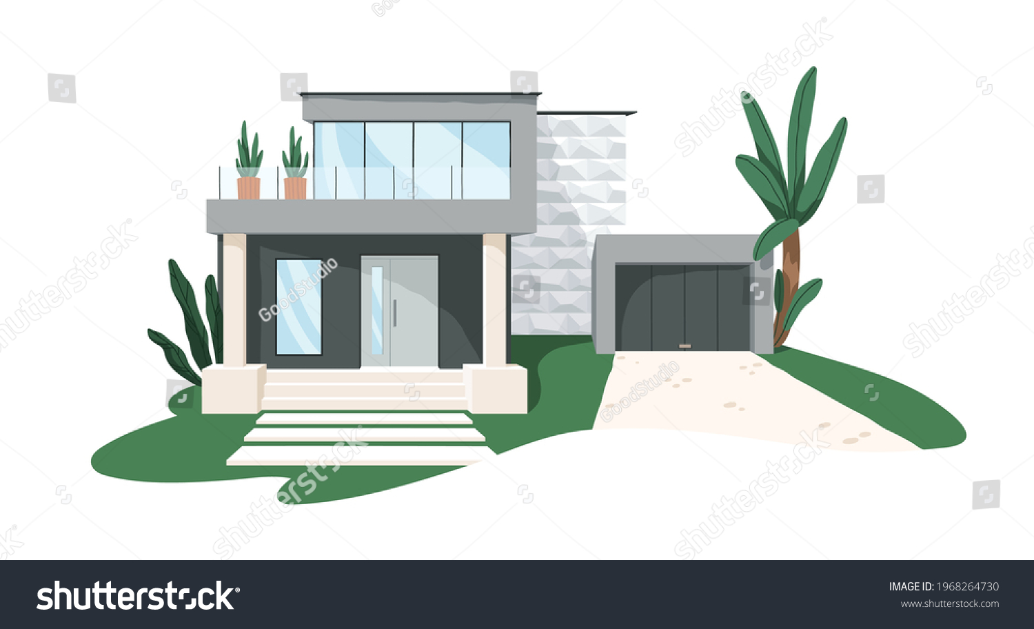 SVG of Modern minimalistic architecture of block house with garage. Building exterior of contemporary villa. Private real estate. Colored flat graphic vector illustration isolated on white background svg