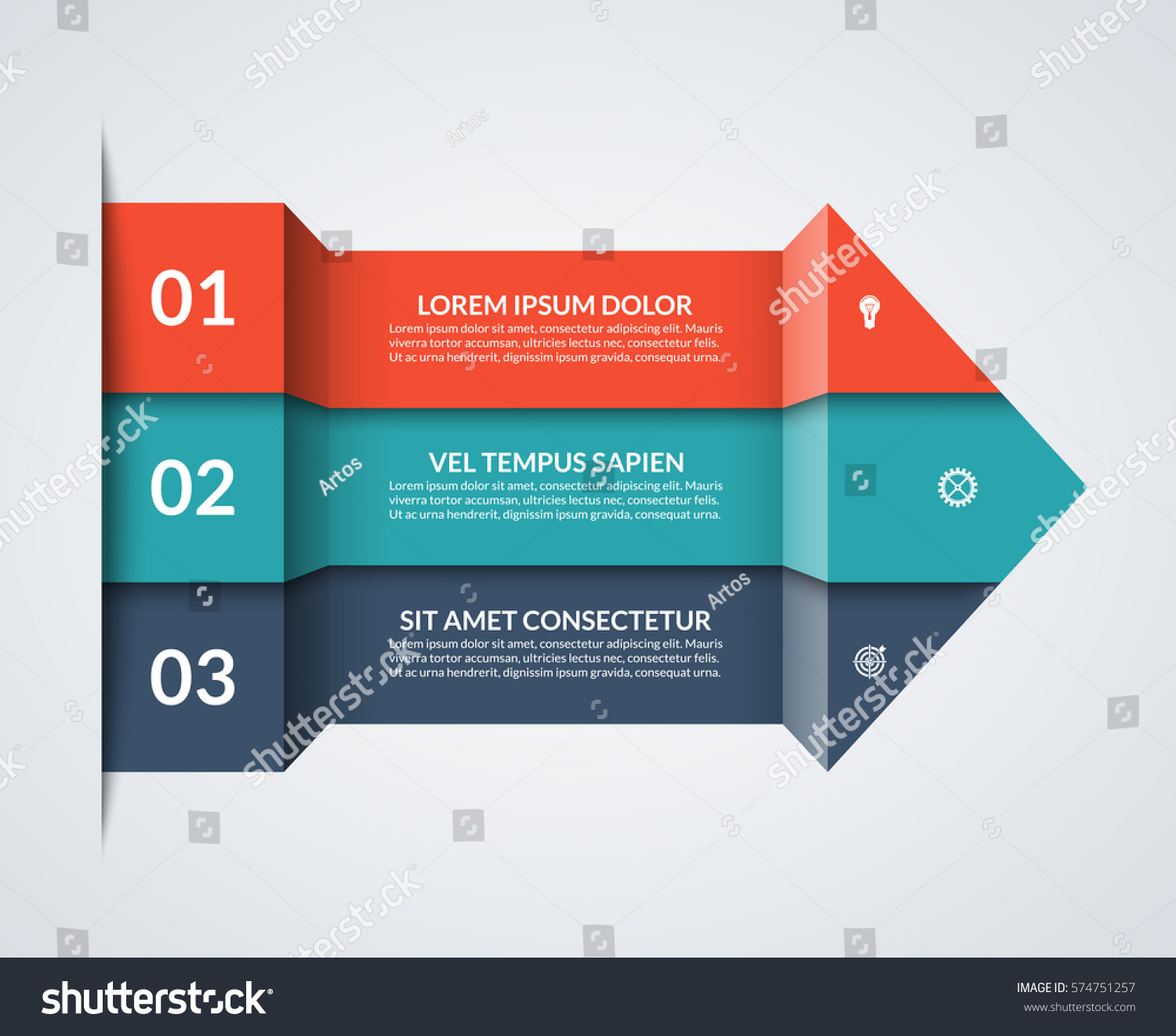 SVG of Modern minimalistic infographics. Big paper arrow of 3 colored horizontal strips. Can be used for graph, chart, step options, web design. Vector layout template svg