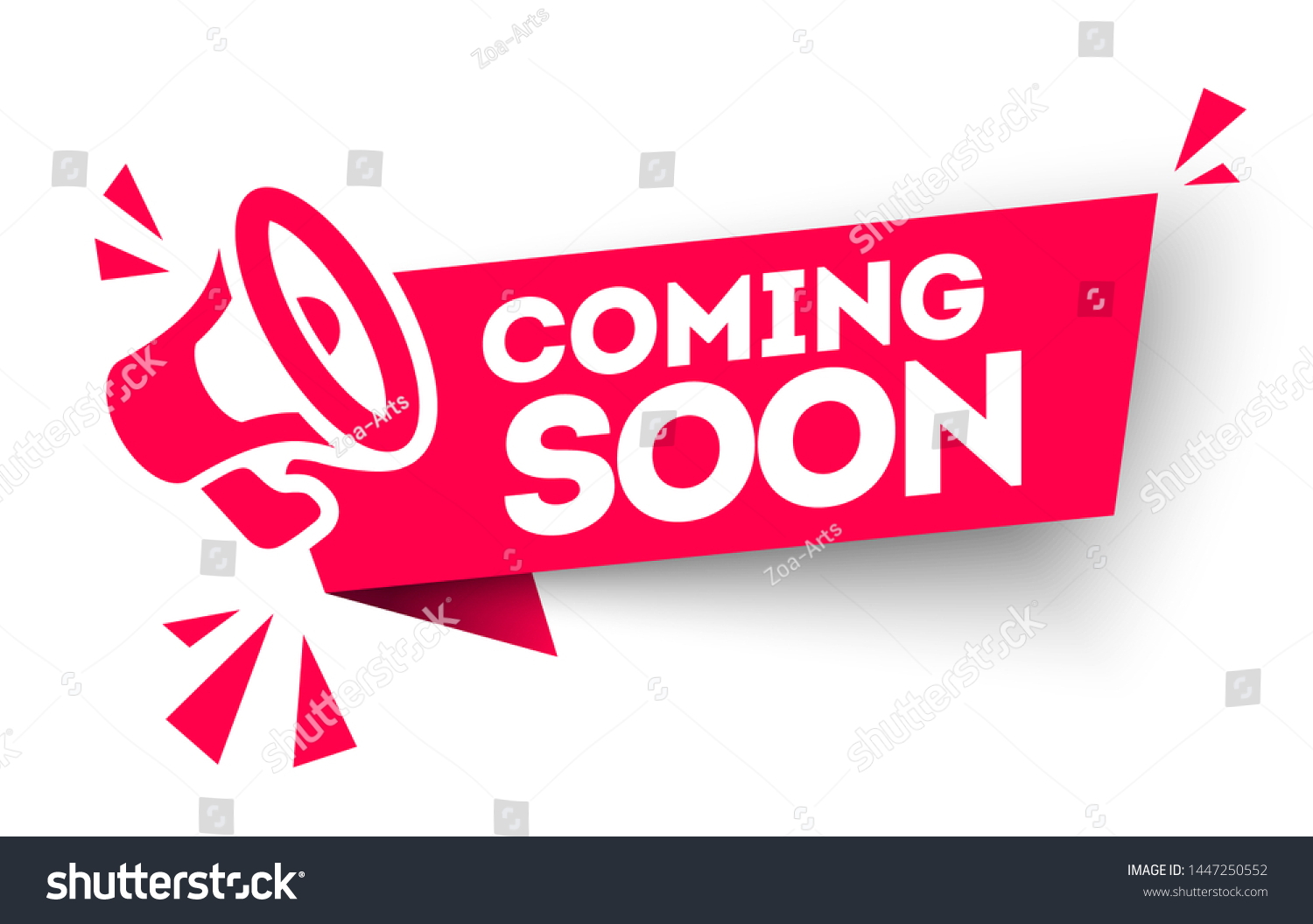 SVG of Modern red vector banner ribbon coming soon with megaphone. Web element. svg