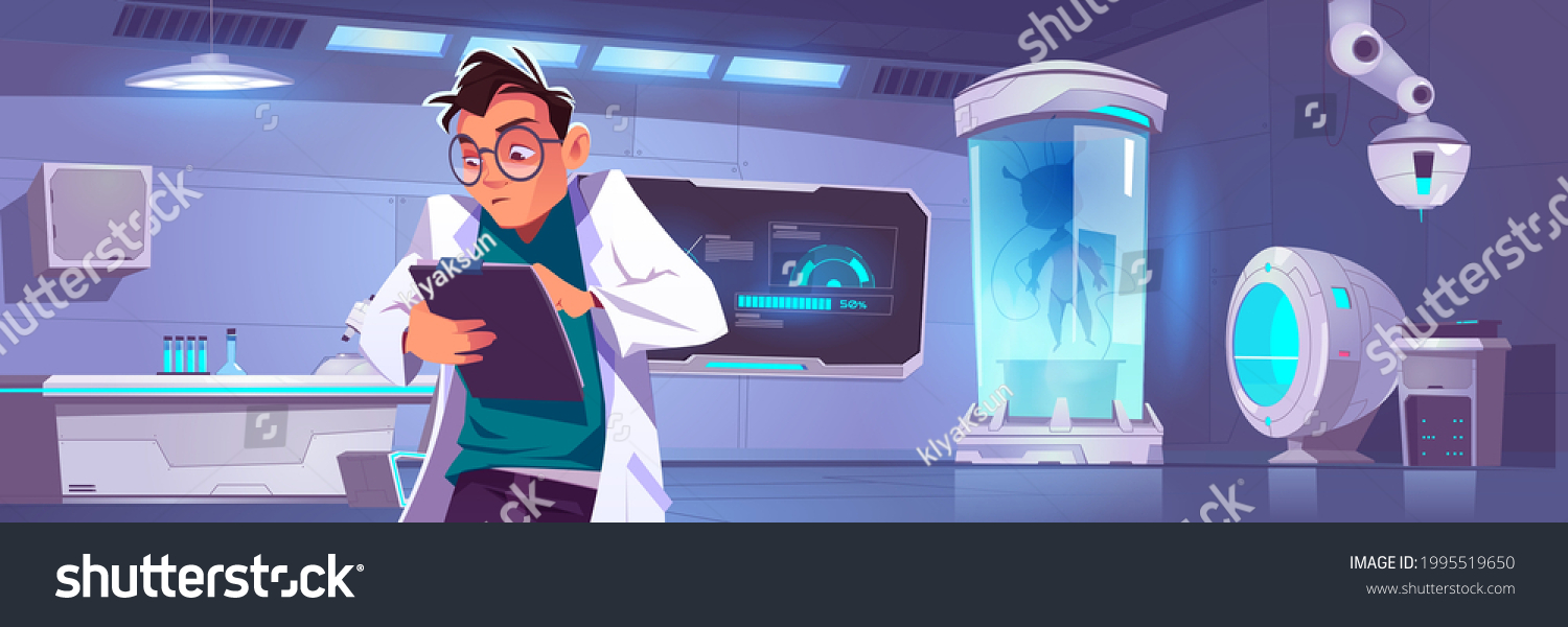 SVG of Modern science laboratory with equipment for medicine and biotechnology research. Vector cartoon interior of futuristic lab with alien in cryogenic capsule, screen, microscope and scientist svg