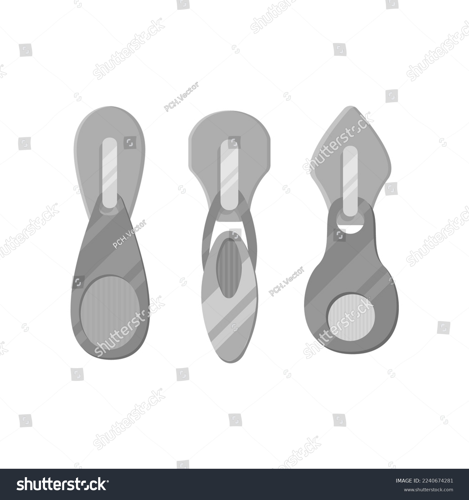 SVG of Modern silver zip sliders for clothes cartoon illustration. Silver zipper pullers with tassels for sportswear or leather backpacks. Fashion, metal accessories concept svg