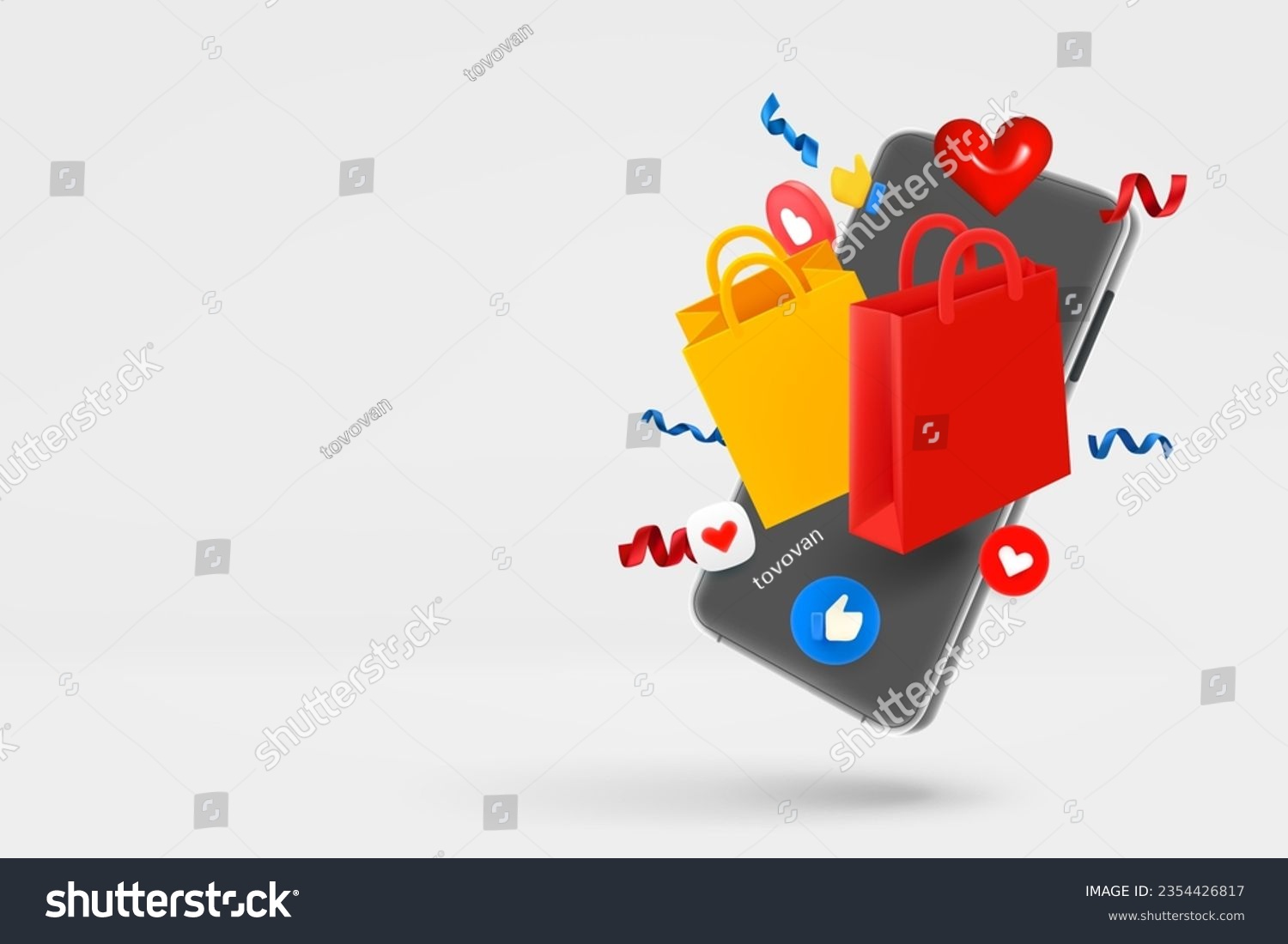 SVG of Modern smartphone with social media mobile icons and shopping bags. 3d vector banner with copy space svg