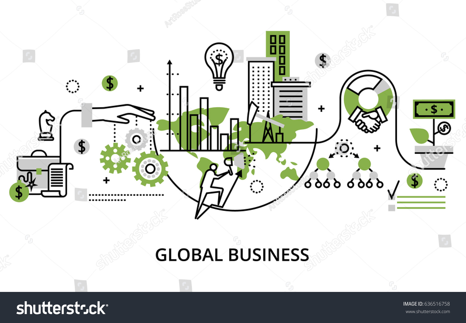 SVG of Modern thin line design vector illustration, concept of global business process and finance success in the world, in greenery color, for graphic and web design svg