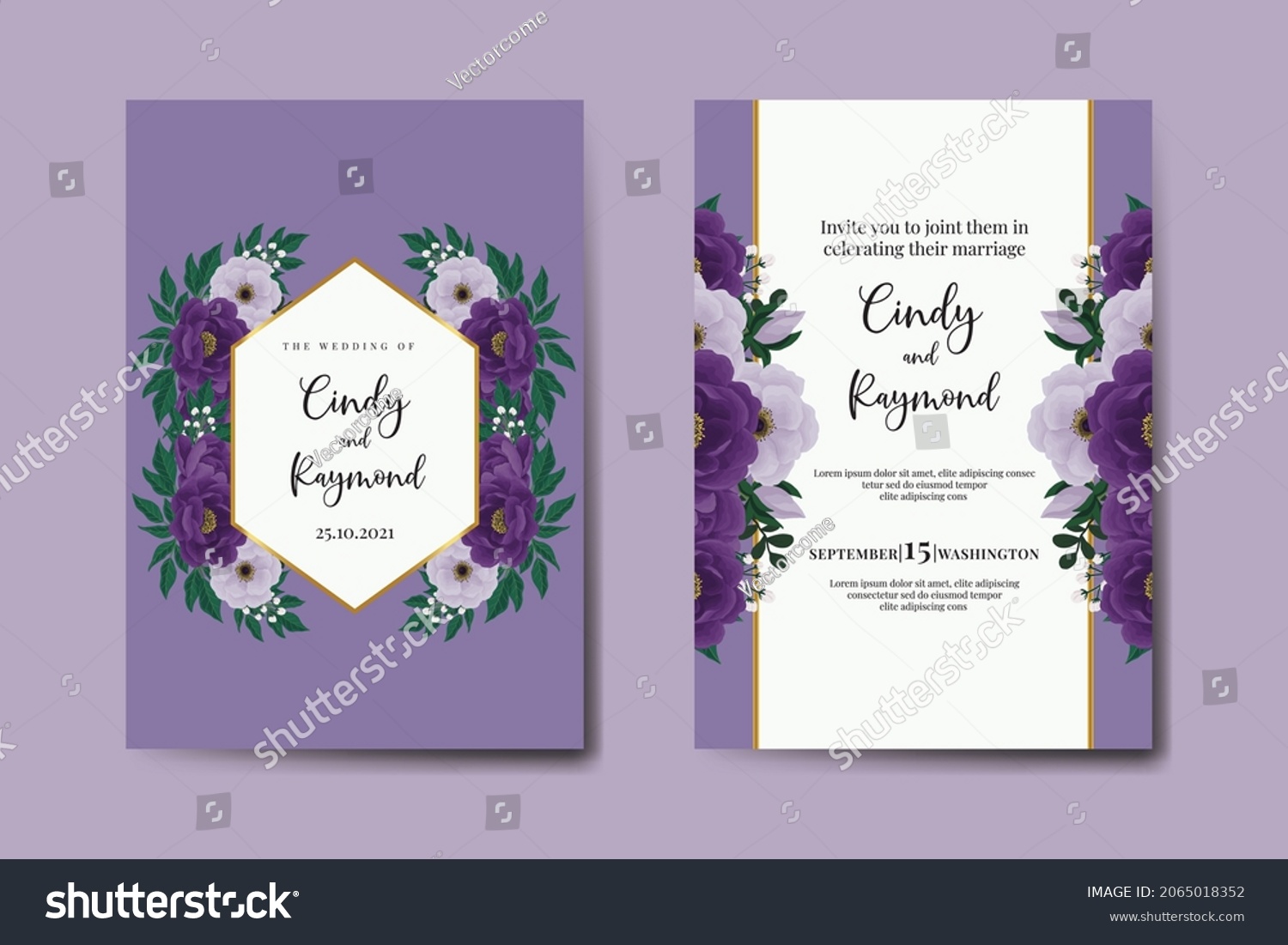SVG of Modern Wedding invitation frame set, floral watercolor Digital hand drawn Purple Peony Flower Invitation Card Template svg