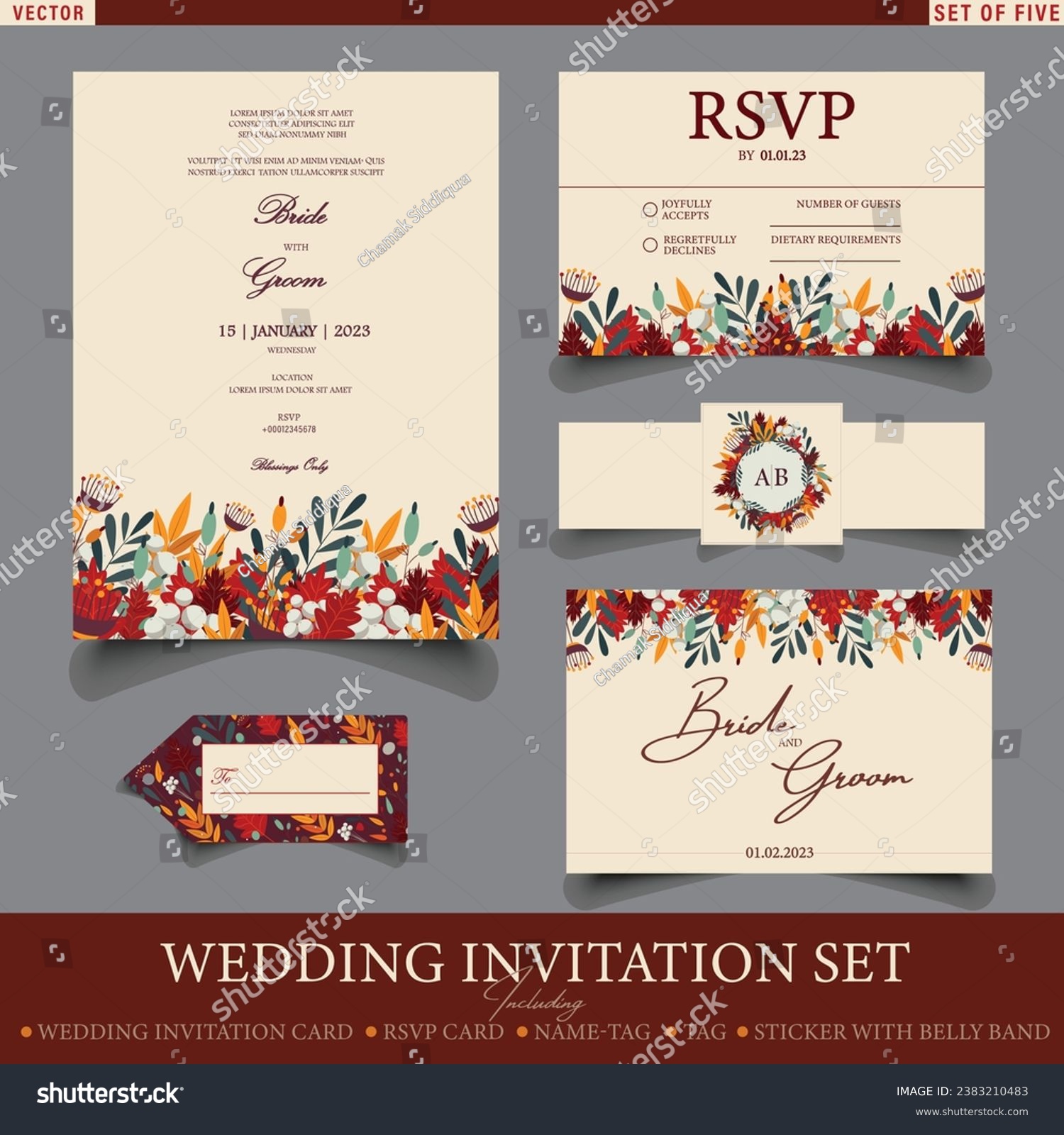 SVG of Modern Wedding Invitation set including Wedding Card, RSVP Card, Name-card, Thank you card, sticker with belly Band and Tag. Set of Five Invitation Card Templates in Fall colors with floral ornaments. svg