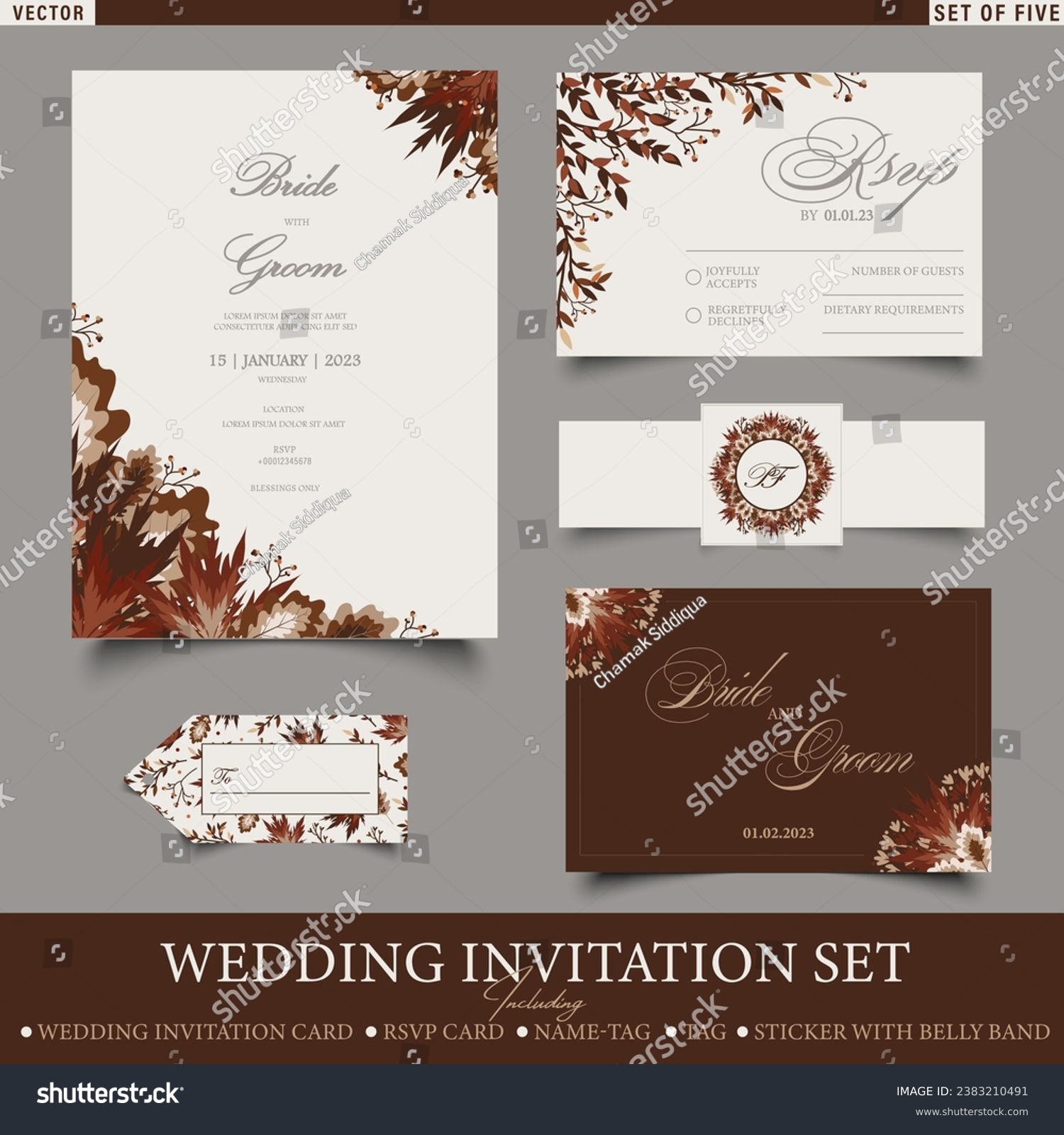 SVG of Modern Wedding Invitation set including Wedding Card, RSVP Card, Name-card, Thank you card, sticker with belly Band and Tag. Set of Five Invitation Card Templates in Fall colors with floral ornaments. svg