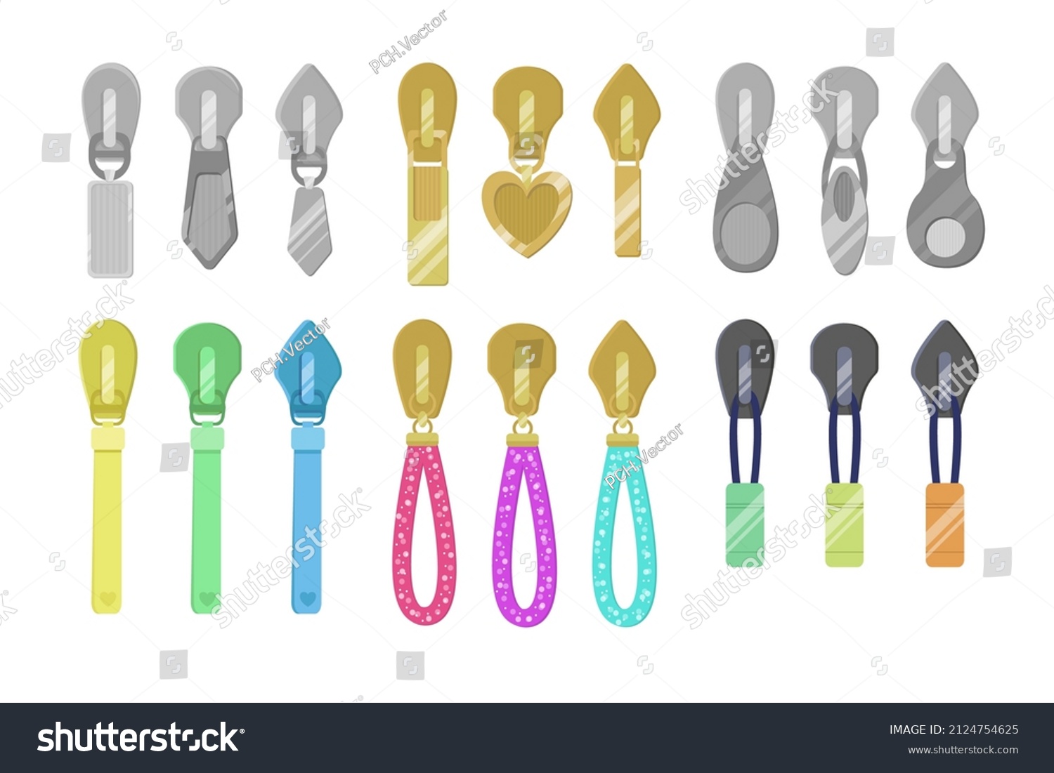 SVG of Modern zip sliders for clothes cartoon illustration set. Gold and silver zipper pullers with tassels for sportswear or leather backpacks. Fashion, metal accessories concept svg