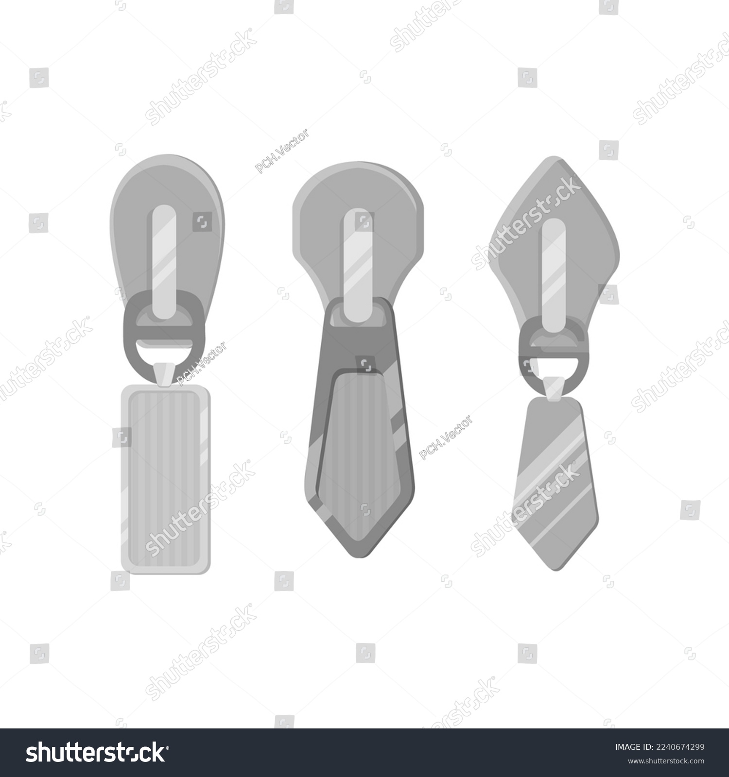 SVG of Modern zip sliders for clothes cartoon illustration. Silver zipper pullers with tassels for sportswear or leather backpacks. Fashion, metal accessories concept svg