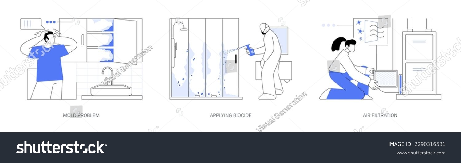 SVG of Mold removal in private house abstract concept vector illustration set. Mold problem, applying biocide, air filtration with Hepa filter, property maintenance service abstract metaphor. svg