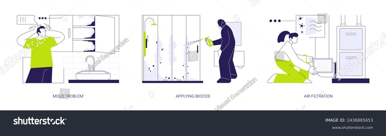 SVG of Mold removal in private house abstract concept vector illustration set. Mold problem, applying biocide, air filtration with Hepa filter, property maintenance service abstract metaphor. svg