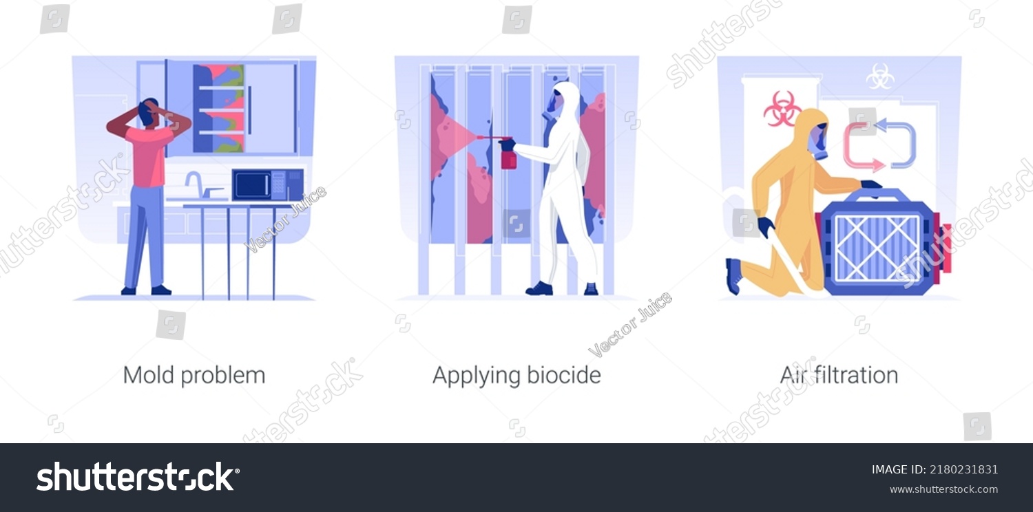 SVG of Mold removal in private house isolated concept vector illustration set. Mold problem, applying biocide, air filtration with Hepa filter, property maintenance service vector cartoon. svg