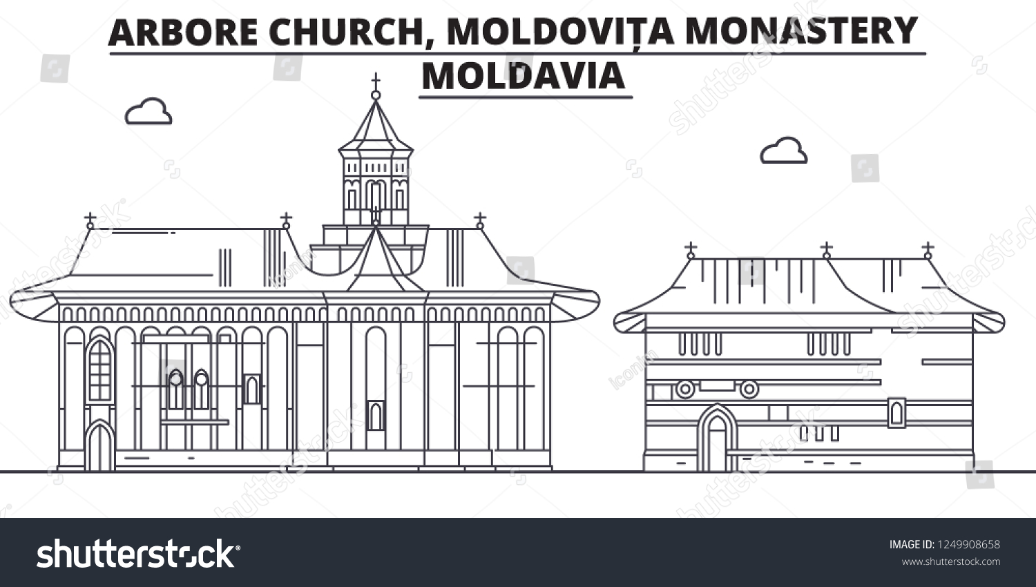 SVG of Moldavia - Arbore Church, Moldovita Monastery travel famous landmark skyline, panorama, vector. Moldavia - Arbore Church, Moldovita Monastery linear illustration svg