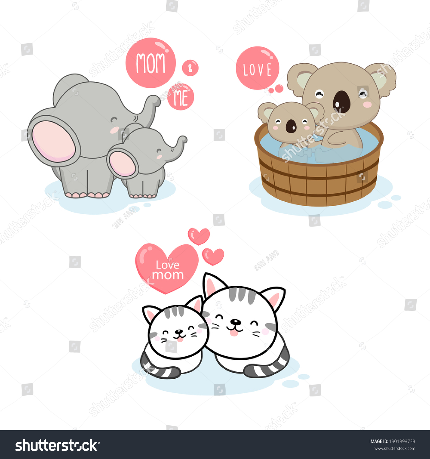 Mom Baby Animals Cartoon Catkoala Elephant Stock Vector Royalty Free