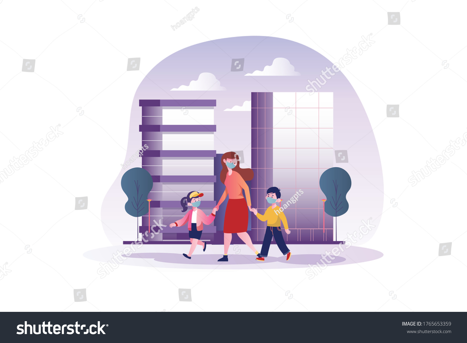 SVG of Mom and children with mask walking on street. Vector Illustration concept. svg