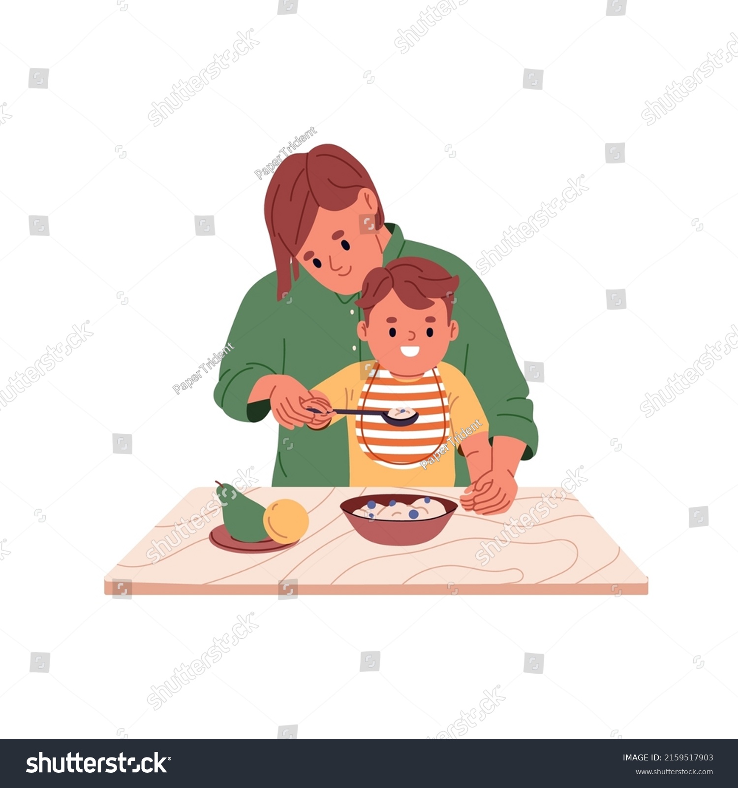 SVG of Mom helping kid with food. Mother feeding child from spoon. Happy baby in nib eating healthy nutrition, porridge with berries, sitting at table. Flat vector illustration isolated on white background svg