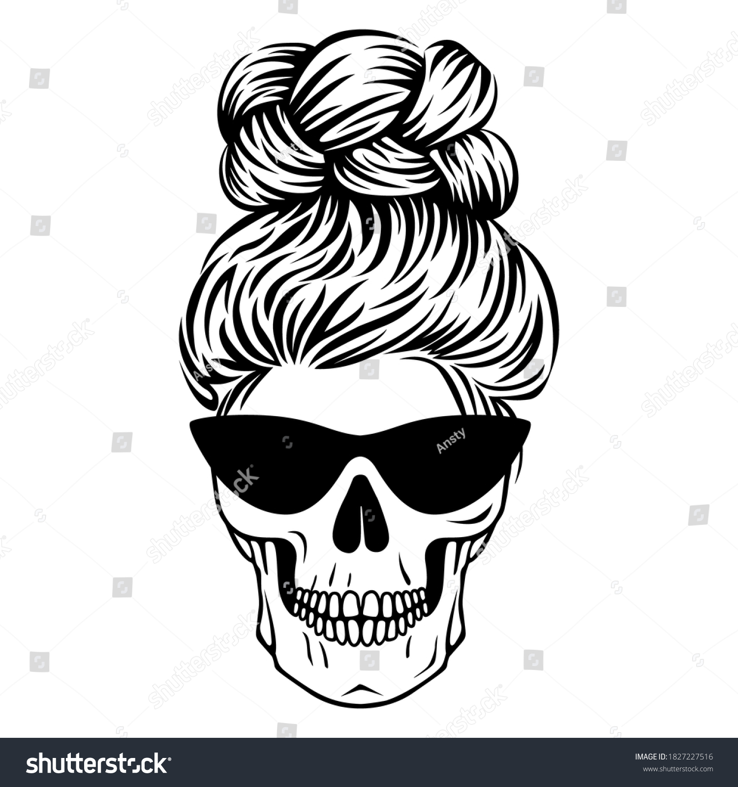 SVG of Mom life skull. Female skull with glasses with hair. Boho print in outline style. Vector Messy bun. svg