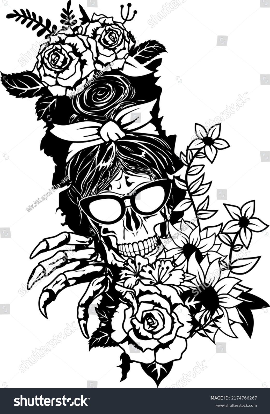 SVG of Mom Skull with rose In The Wall Svg, Skull Came Out of the Chest, Skull Face vector, Woman Design, Tattoo Female Halloween Gift svg