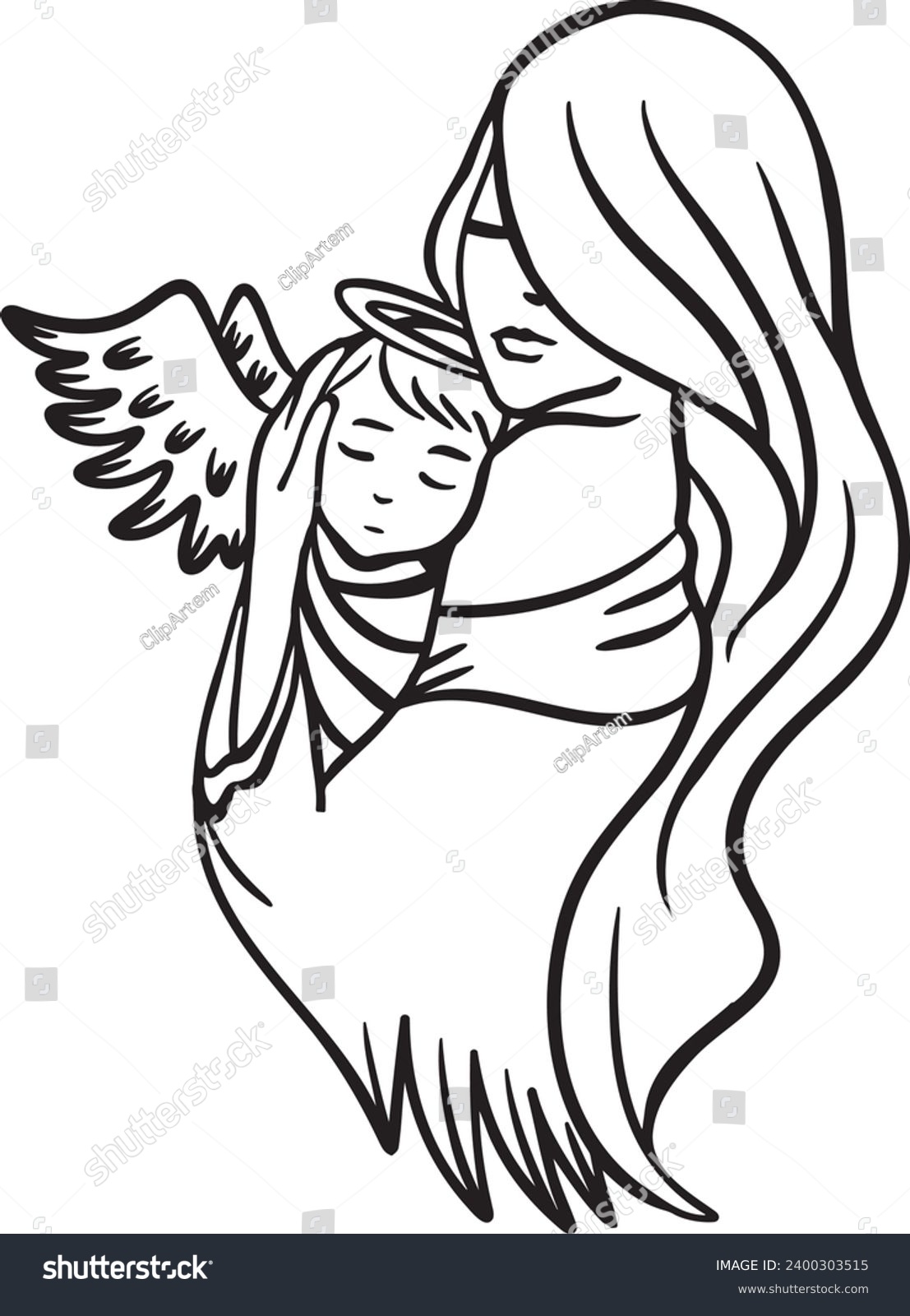 SVG of Mommy holding Baby Angel, baby loss vector image for gift decor wall art, baby with wings svg