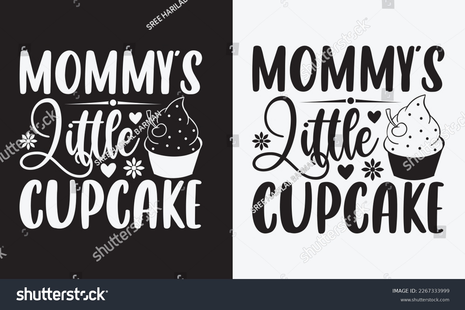 SVG of Mommy’s little cupcake - mother's day svg t-shirt design.  Hand Drawn Lettering Phrases, With a girl and flying pink paper hearts. Symbol of love on white background.  Eps 10. svg