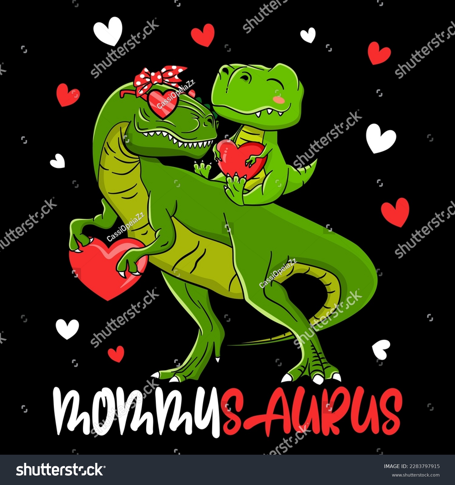 SVG of MommySaurus , Mama T-Rex and Baby Dinosaurus With Hearts T-Shirt Design For Mother's Day EPS. SVG. File vector illustration character design  Doodle Funny cartoon style svg