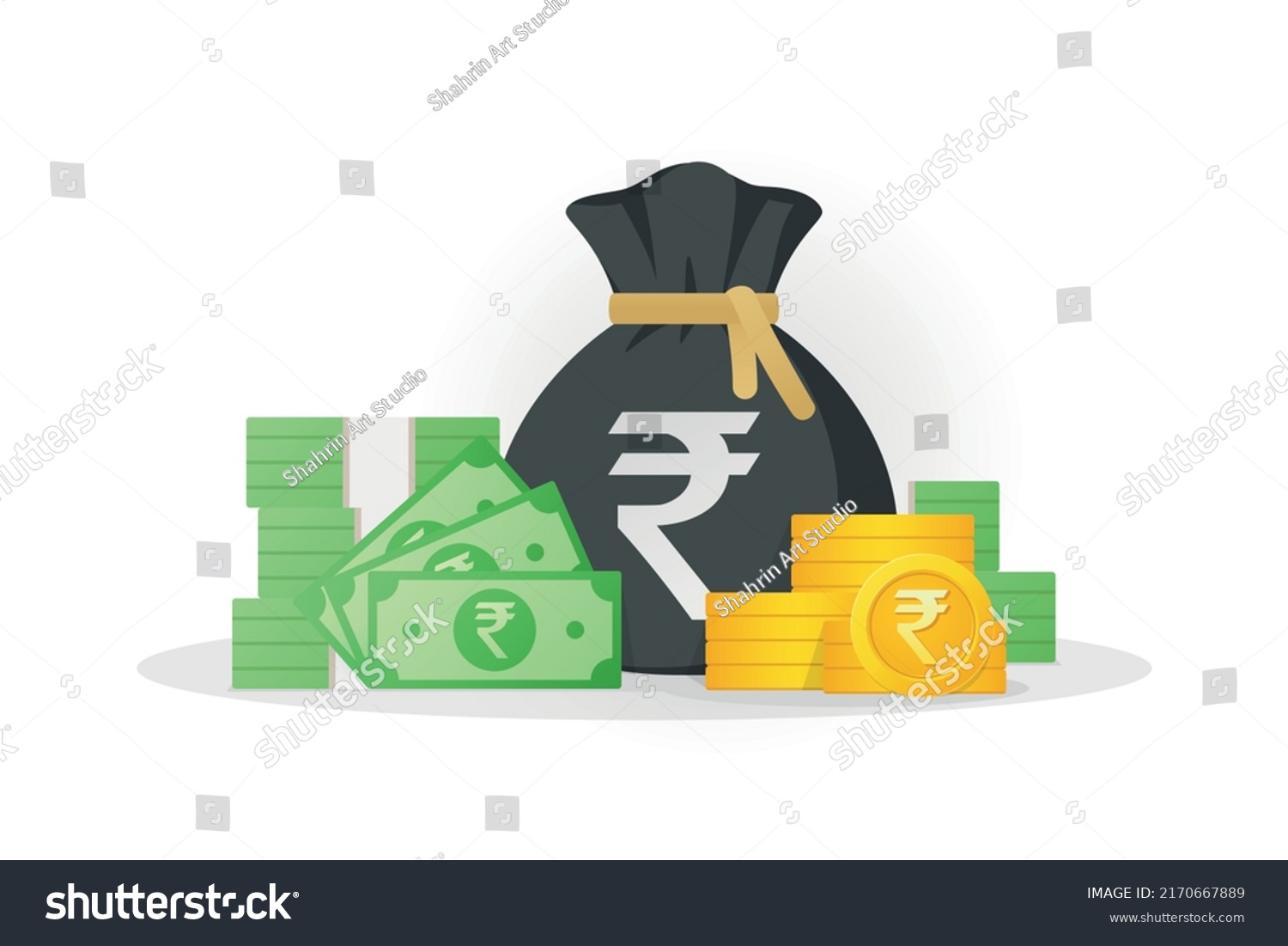 SVG of Money bag, banknotes and gold coins with rupee sign. Indian Cash money icon. Flat style eps-10 Vector illustration isolated on white background. svg