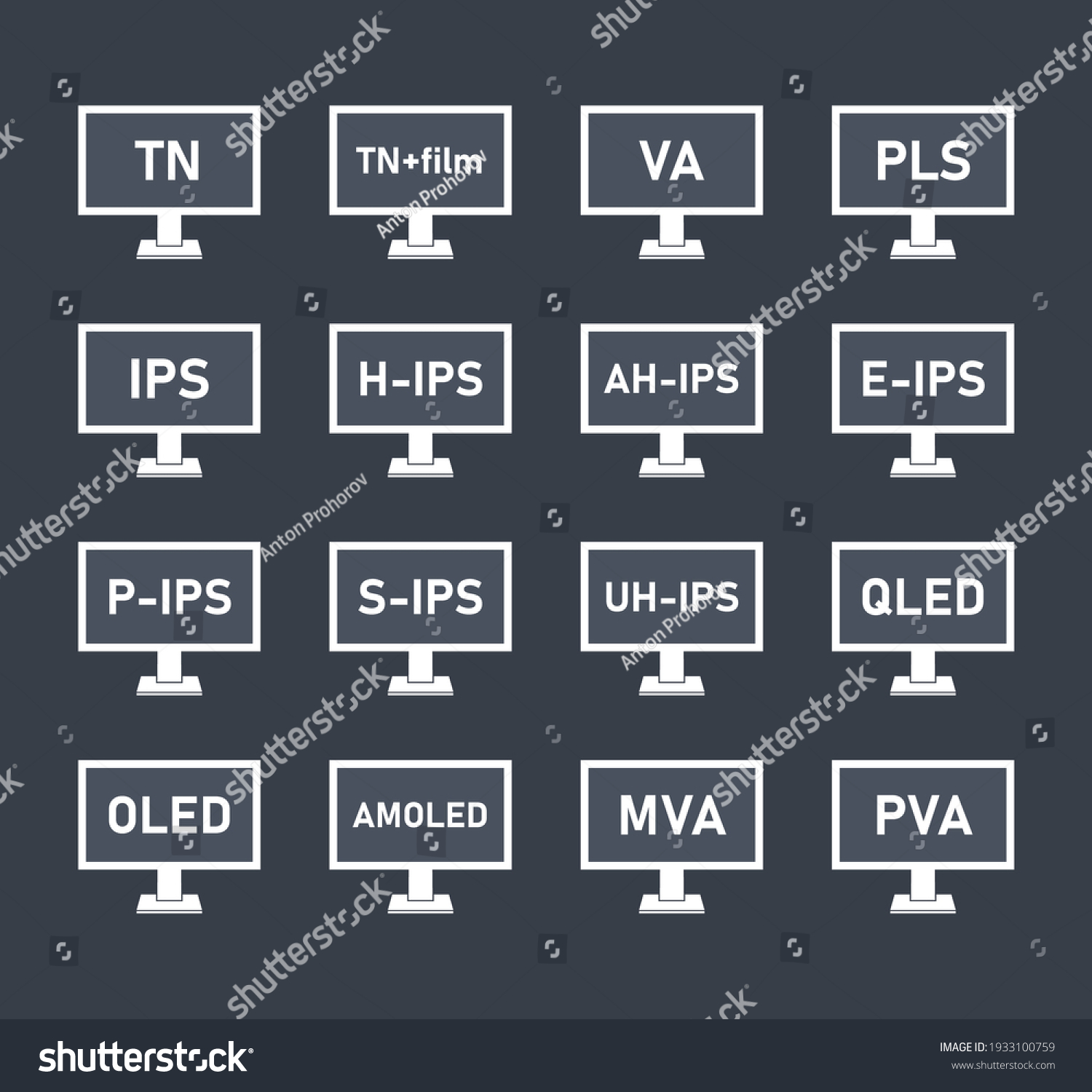 SVG of monitor matrix icon set, types of LCD matrices - IPS, VA, TN, OLED svg