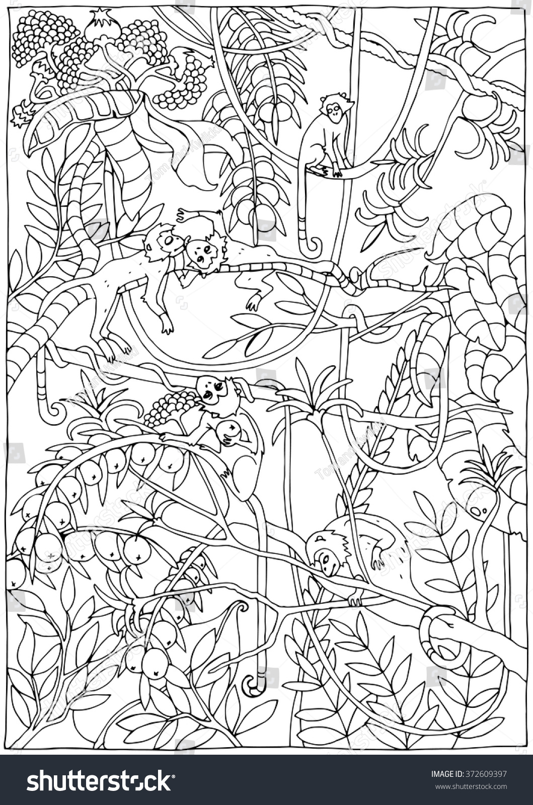 Download Monkey Jungle Coloring Page Stock Vector 372609397 ...