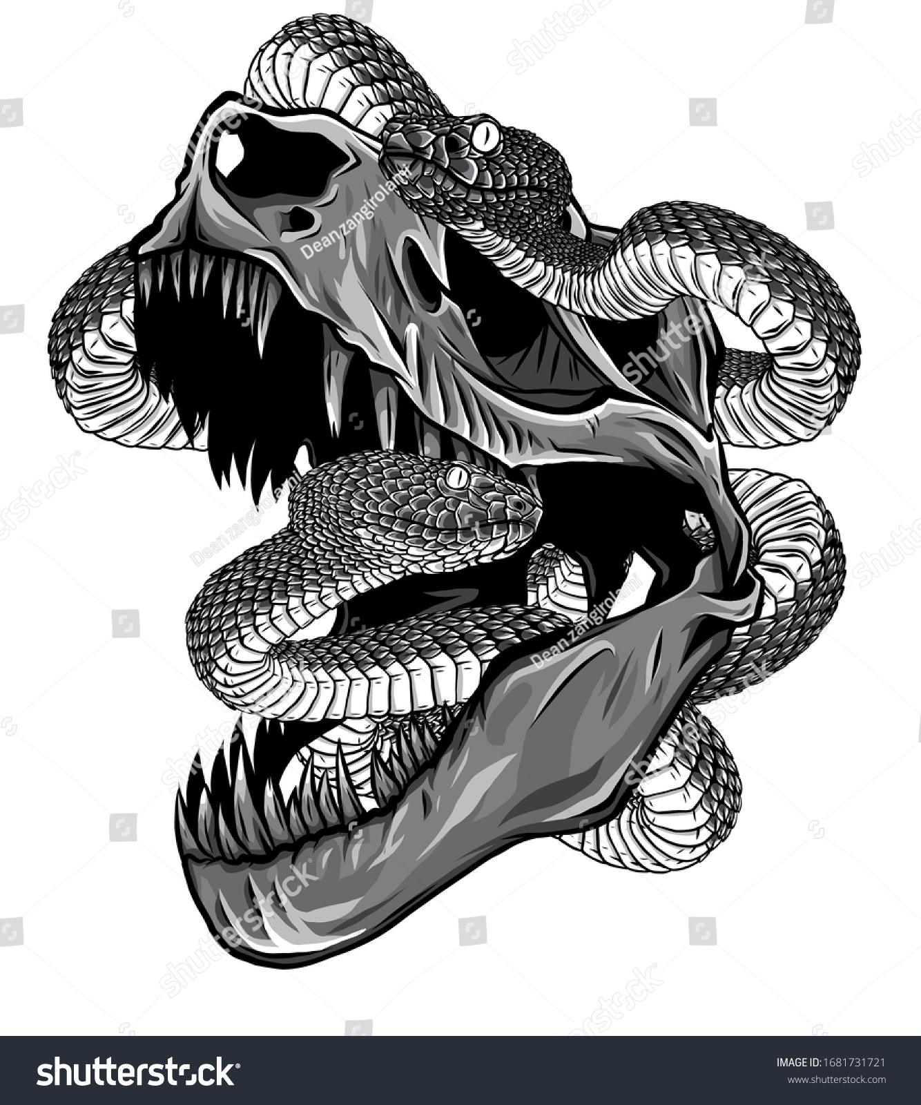 Monochromatic Dinosaur Skull Drawing Trex Skull Stock Vector Royalty Free