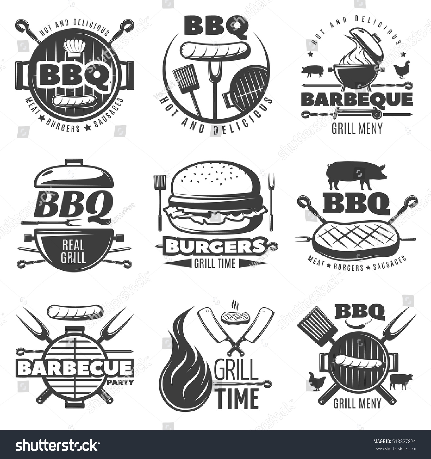 Стоковая векторная графика «Monochrome Barbecue Grill Emblems Set Black