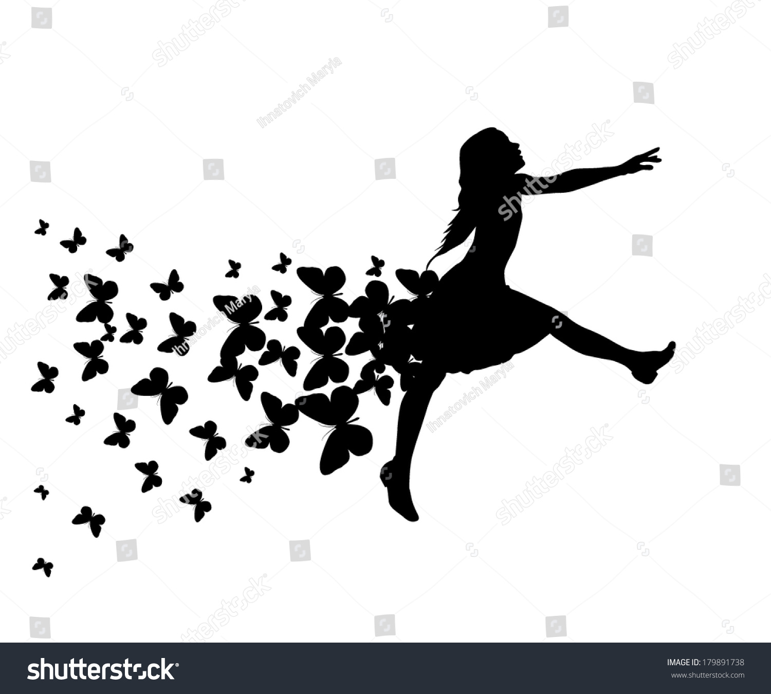 Monochrome Beautiful Dancing Girl Silhouette Butterflies Stock Vector ...