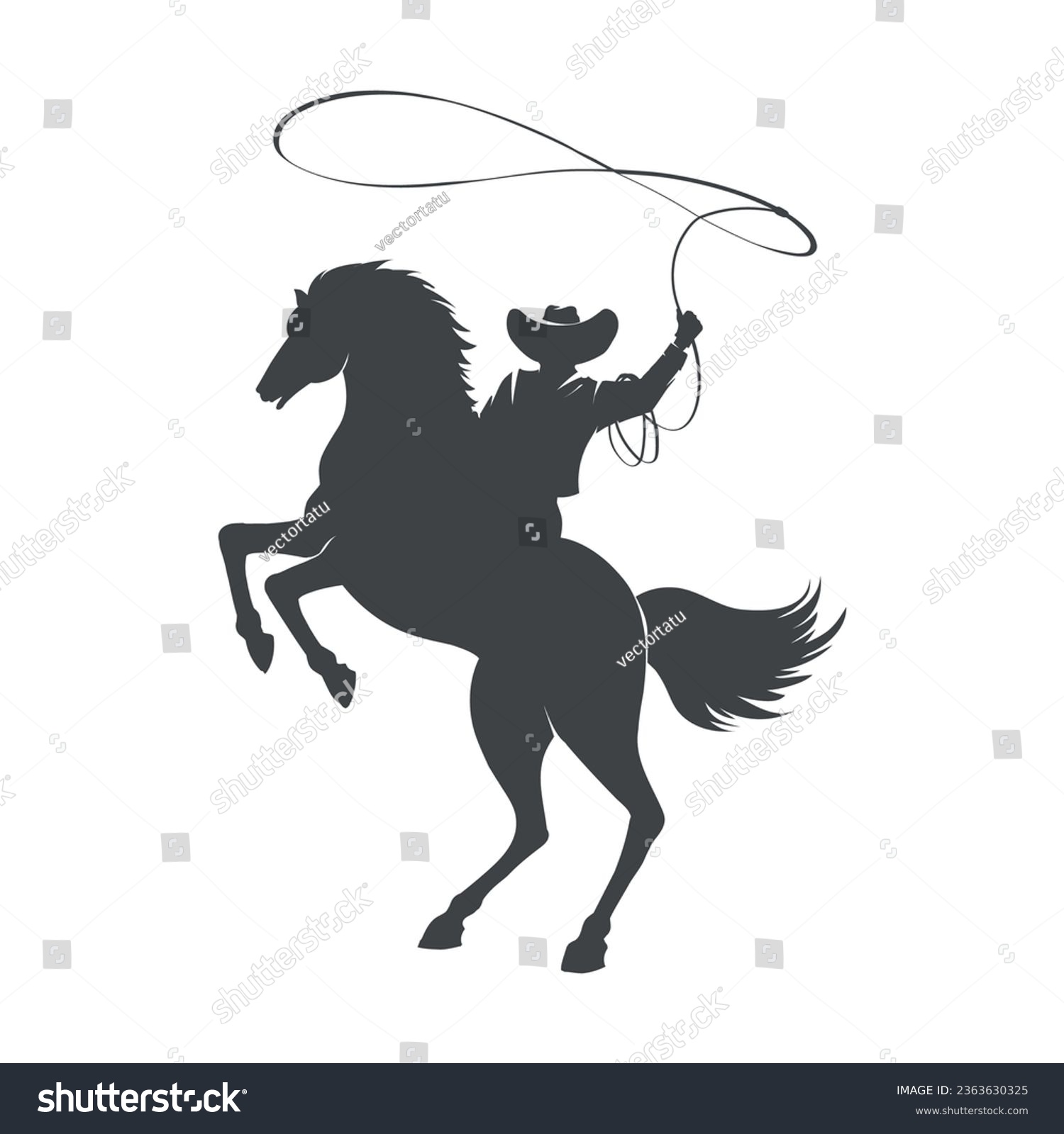 SVG of Monochrome cowboy with rope lasso on horse. Horseback cow-boy black silhouette element for country american texas rodeo western design isolated vector illustration svg