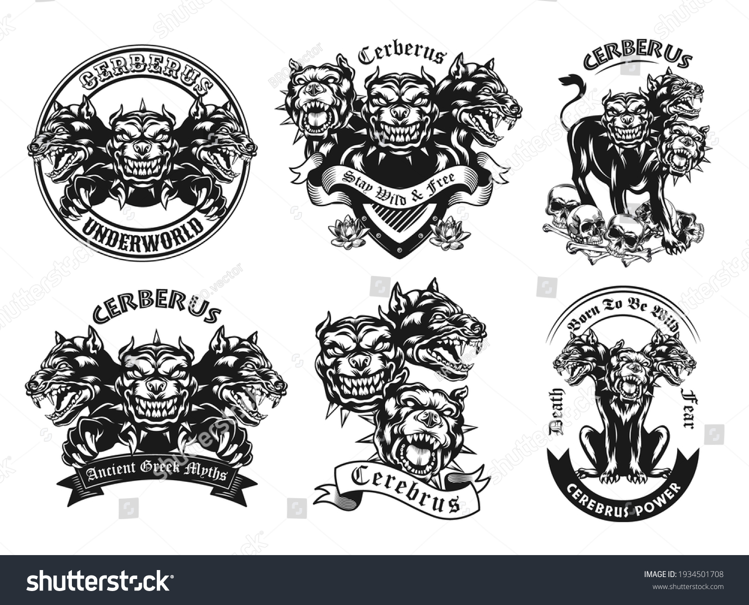 SVG of Monochrome emblems with Cerberus vector illustration set. Vintage logotypes with three headed ancient myth dog. Mythology and fantastic creatures concept can be used for stickers and badges svg