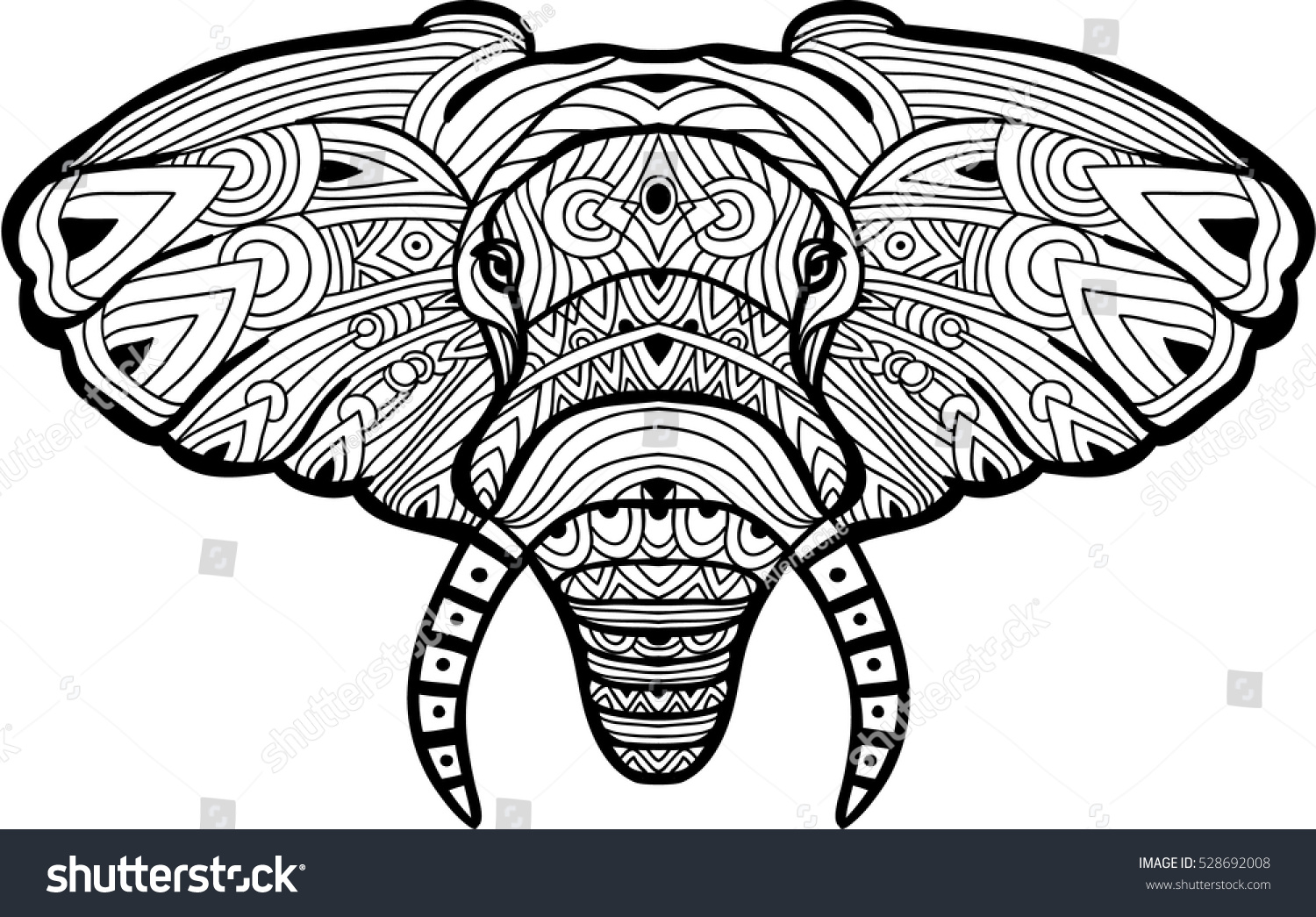 Monochrome hand drawn ink drawing Painted elephant on white background with tribal pattern