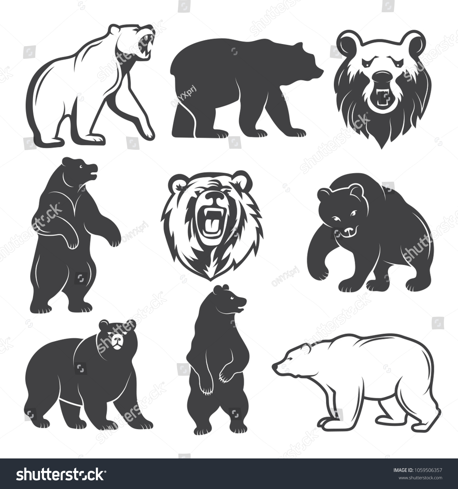 SVG of Monochrome illustrations of stylized bears. Pictures set for logos or badges design. Vector bear animal, wild mammal monochrome silhouette svg