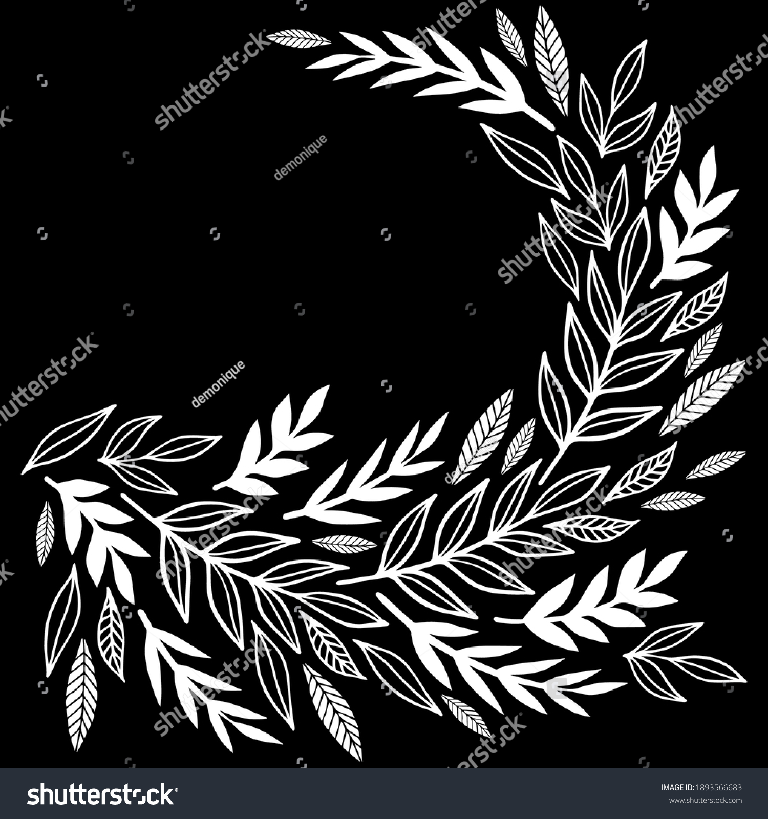 SVG of Monochrome messy linear leaves half wreath centerpiece. Decorative vector background with retro style flat botanical shapes on dark background. svg