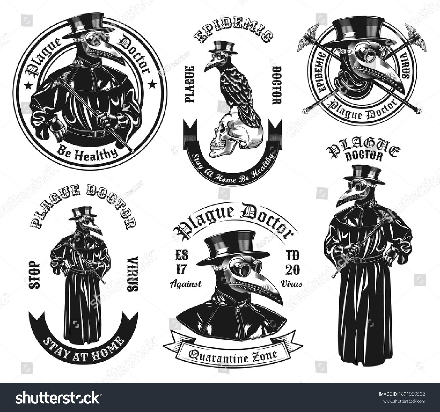 SVG of Monochrome plague doctor in costume vector illustration set. Vintage ancient physician in overcoat and mask with beak shaped nose. Medicine and pandemic concept can be used for stickers and badges svg