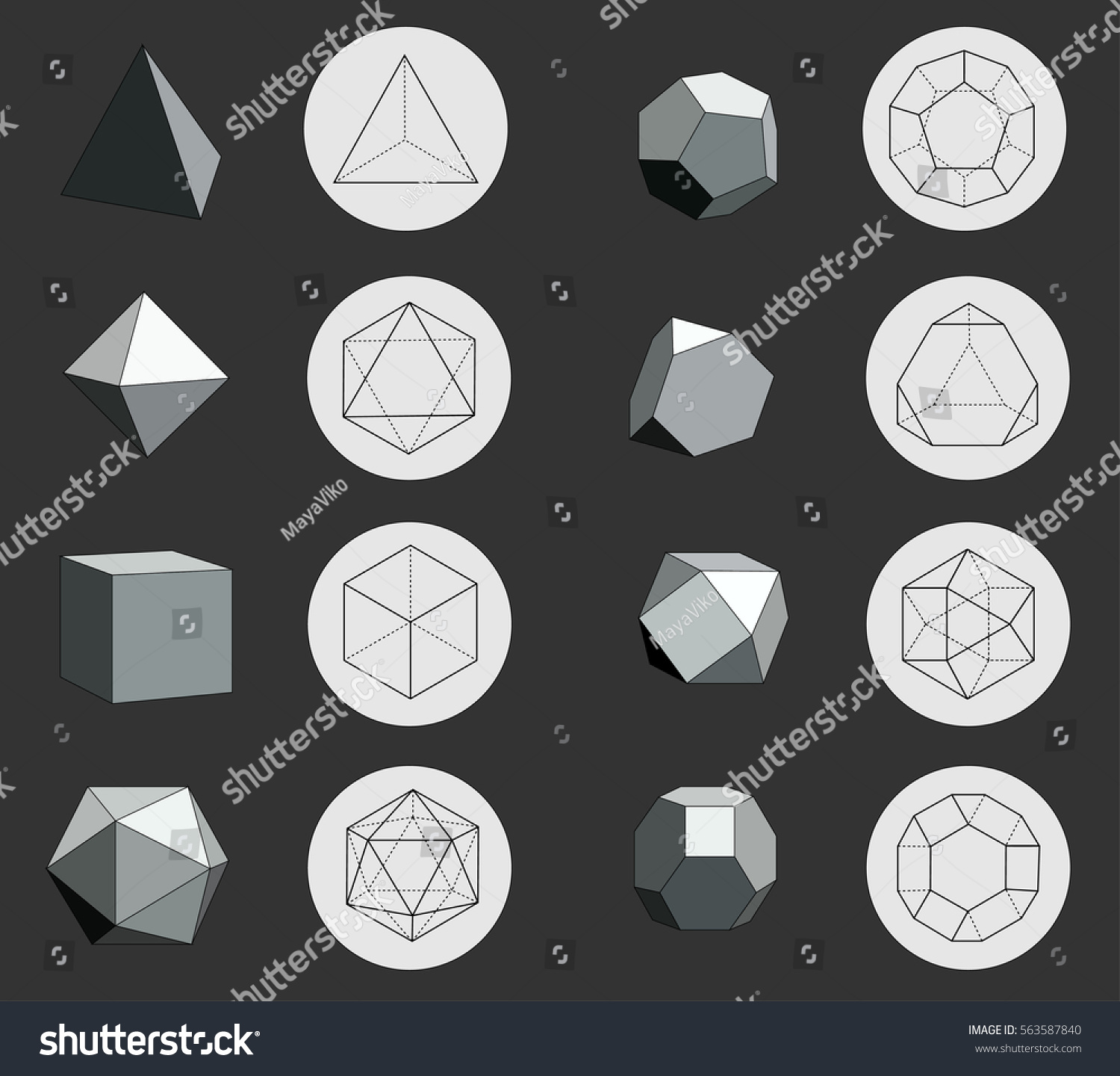 Monochrome Platonic Solids On Dark Background Stock Vector (Royalty ...